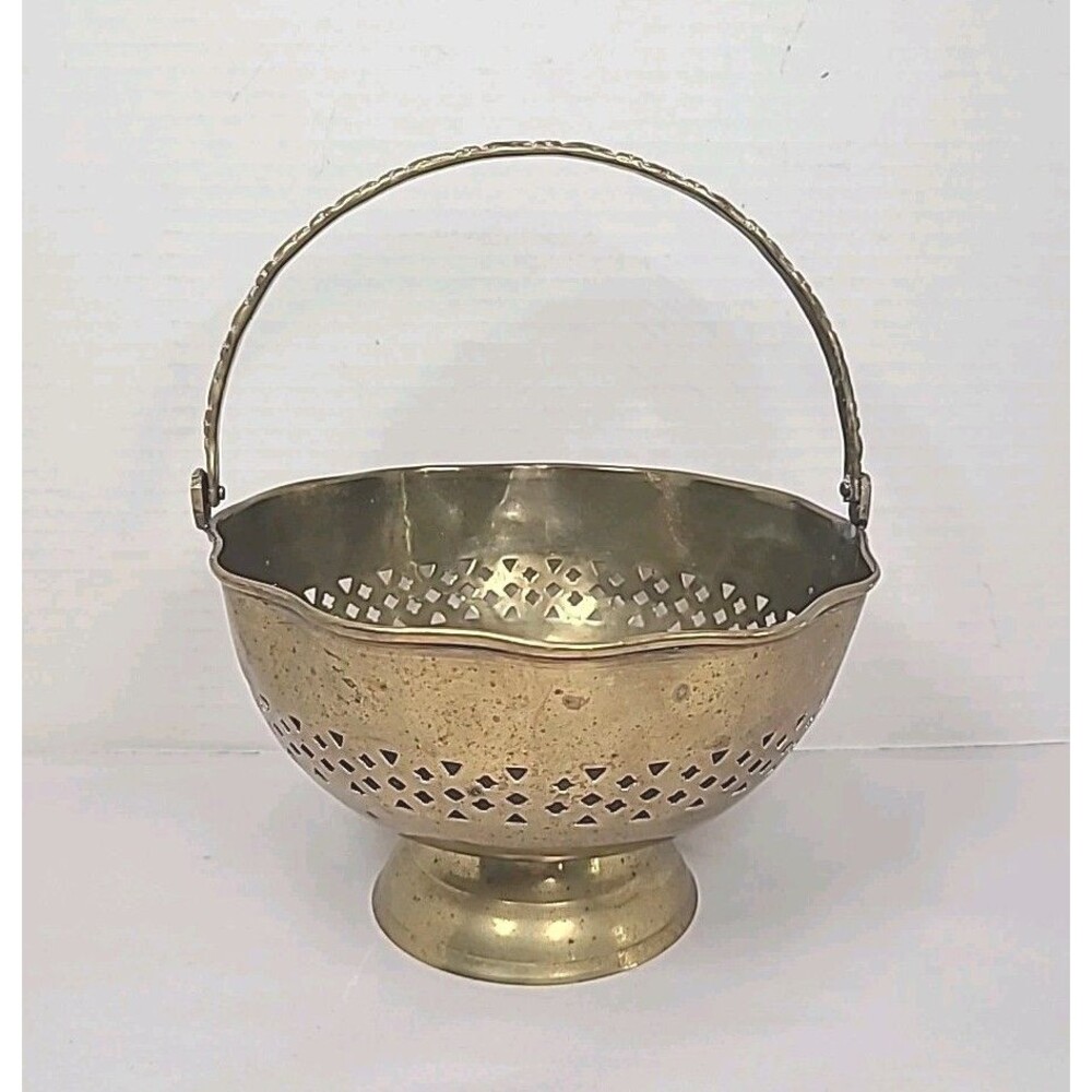 Vintage Brass Basket/Bowl Pierced Design Ornate Handle Made in India